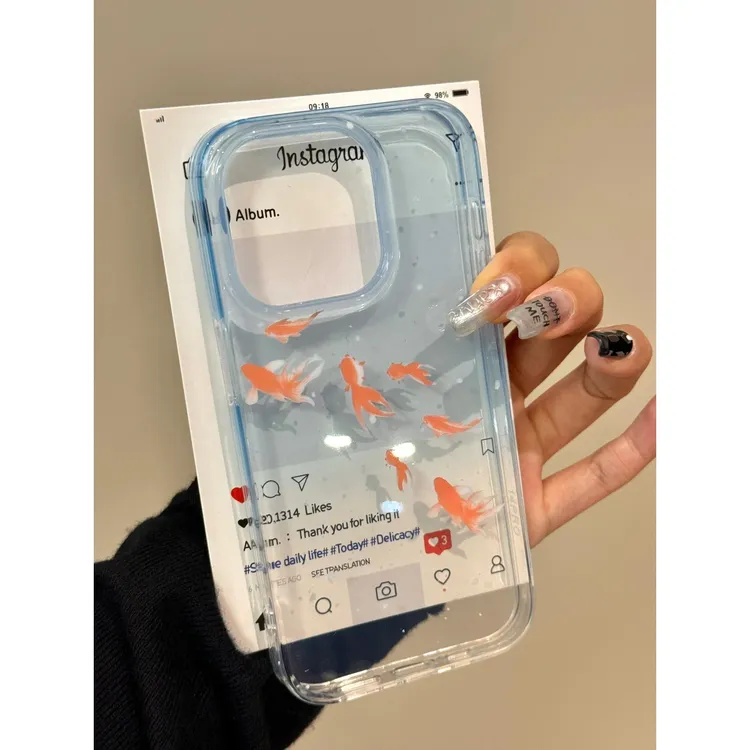 森缪渐变蓝小锦鲤适用苹果16手机壳iphone15/14promax透明13软12