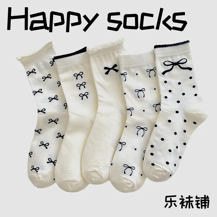 网红蝴蝶结袜子女2024新款白色堆堆袜潮流百搭中筒袜松口长筒棉袜