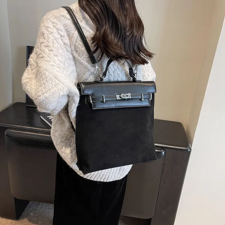 复古手提通勤包包女2024新款潮韩国双肩包小众大容量磨砂皮凯莉包
