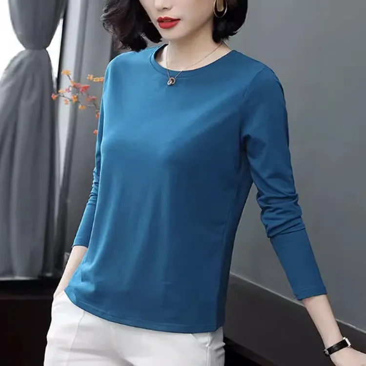 纯棉长袖T恤女2023春秋新款宽松大码显瘦中年妈妈装打底小衫上衣