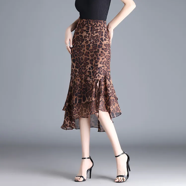 豹纹雪纺鱼尾裙高腰不规则气质包臀裙中长款半身裙女夏季2025新款
