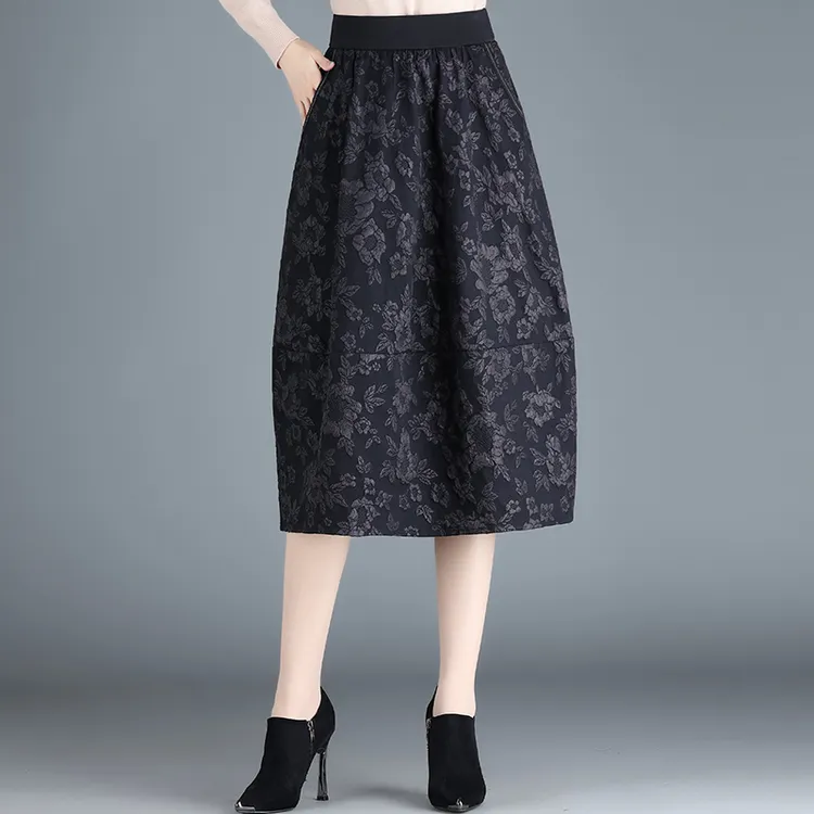 提花裙半身裙女灯笼裙中长款2025春秋新款高腰松紧腰a字裙女裙子