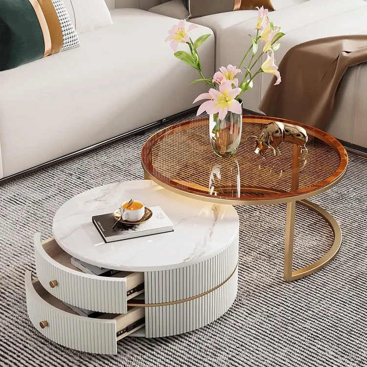 茶几轻奢现代简约储物家用小户型北欧奶油风岩板圆形茶几桌子组合