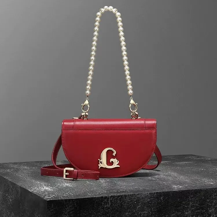 【专柜】Cuud时尚轻奢珍珠链条牛皮红色包新款单肩腋下新娘真皮女包