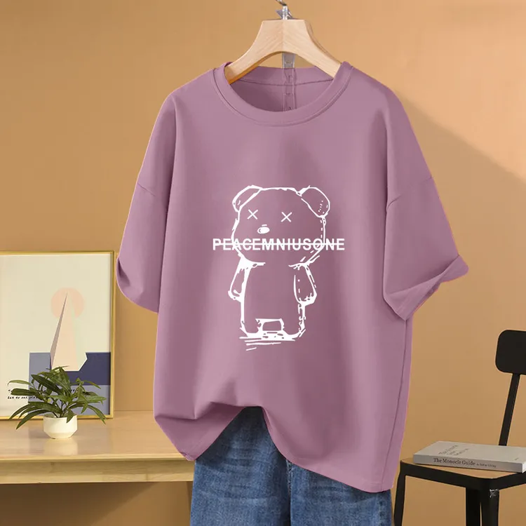 大码宽松休闲圆领纯棉短袖t恤女2024年新款oversize显瘦遮肚上衣