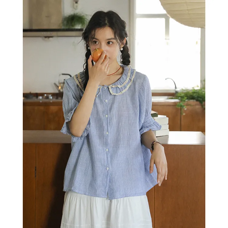 文艺短袖条纹衬衫女小个子减龄娃娃衫上衣夏季新款荷叶边日系上衣