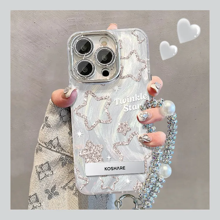适用苹果17vivo华为oppo小米iPhone15闪粉星星精孔羽纱支架手机壳