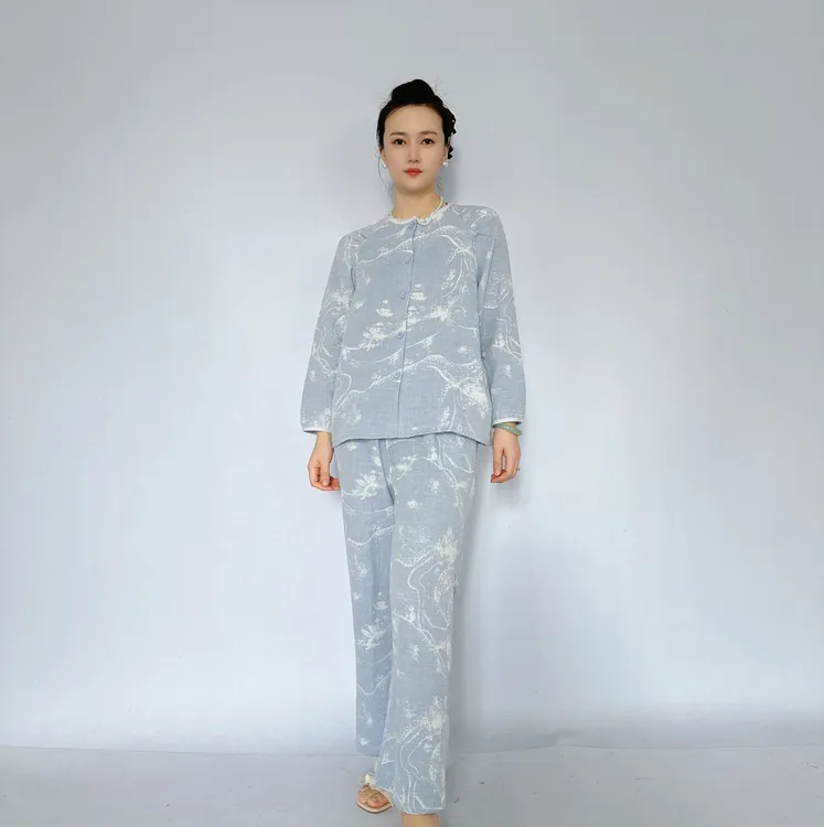 女士100%棉古风水墨设计师款大提花双层纱睡衣家居服套装11227