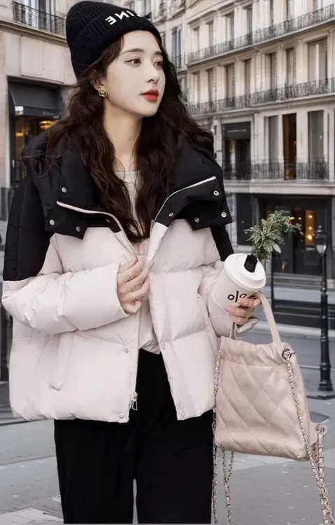 新款拼接撞色加厚羽绒服短款羽绒服女时尚百搭冬季休闲带帽外套