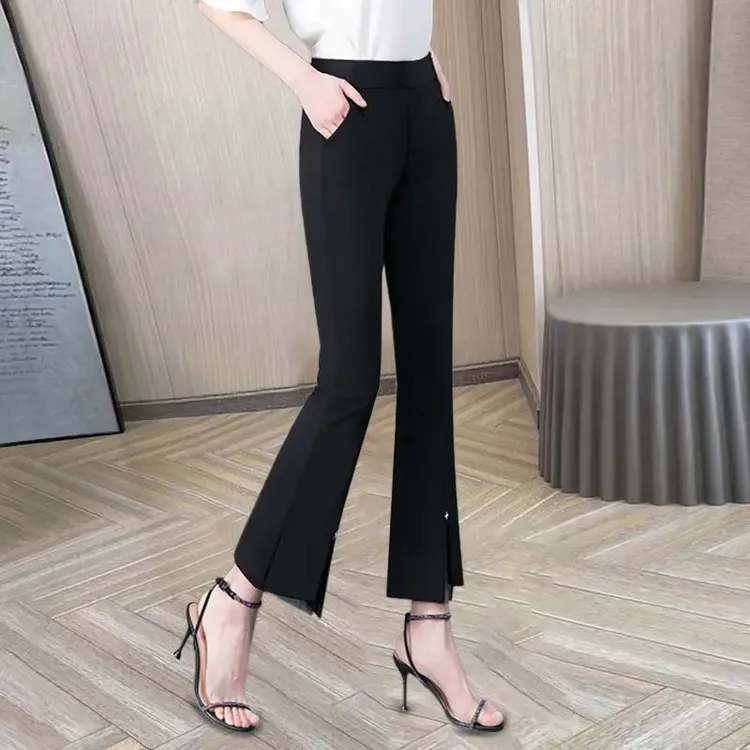 春夏弹力开叉微喇叭裤子女2024时尚百搭显瘦薄款休闲高腰休闲裤