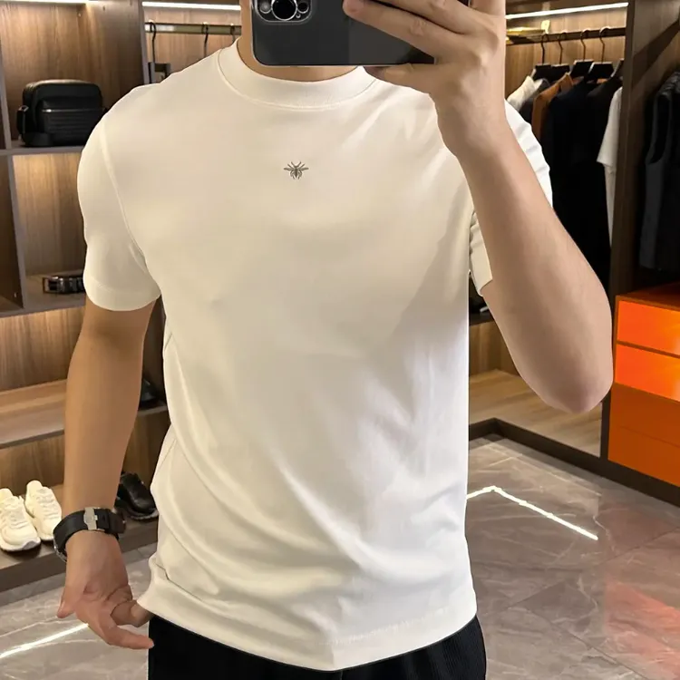 秋冬新款重磅刺绣男士圆领短袖T恤纯色弹力宽松百搭简约打底衫潮