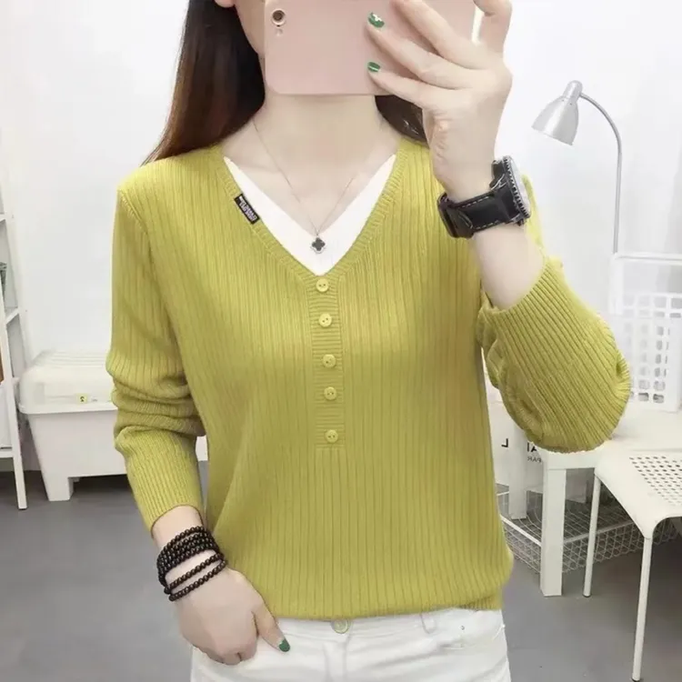 v领假两件毛衣女2025春秋新款宽松显瘦时尚洋气套头长袖针织衫女