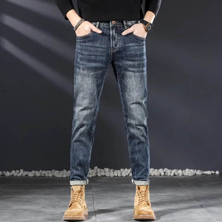喜木酷牛仔裤男款秋冬直筒裤休闲合体复古裤子男石磨水洗蓝色牛仔