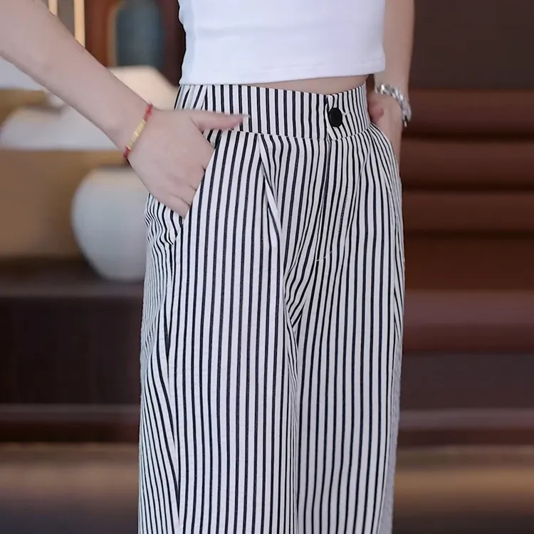 夏季垂感休闲裤女显瘦气质运动洋气高腰黑白条纹薄款瘦版直筒裤