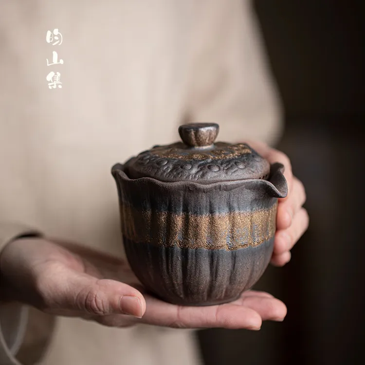 粗陶盖碗家用中式鎏金铁釉莲蓬盖碗复古手工陶瓷手抓壶功夫茶具小