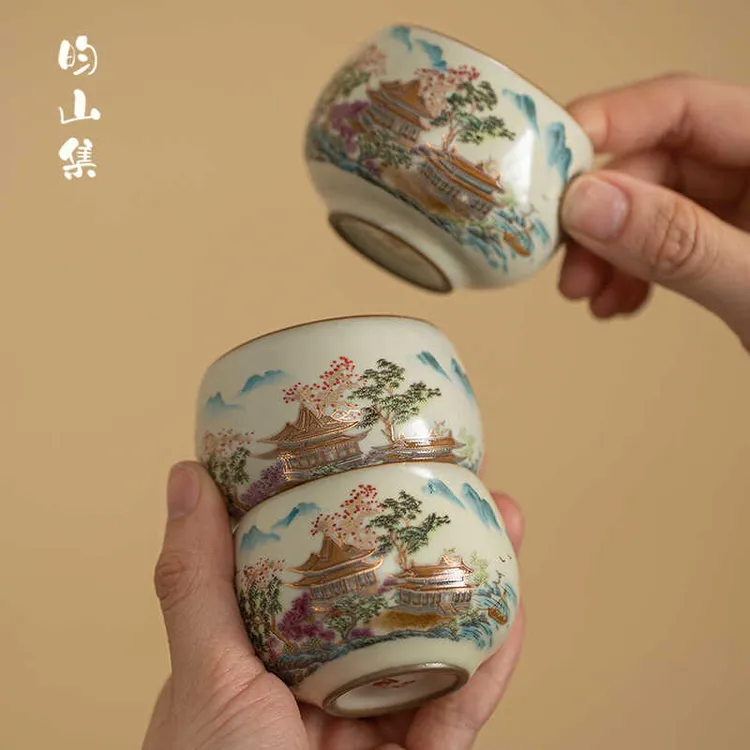新中式复古汝窑茶杯主人杯锦绣山河禅定杯陶瓷功夫茶具喝茶品茗杯