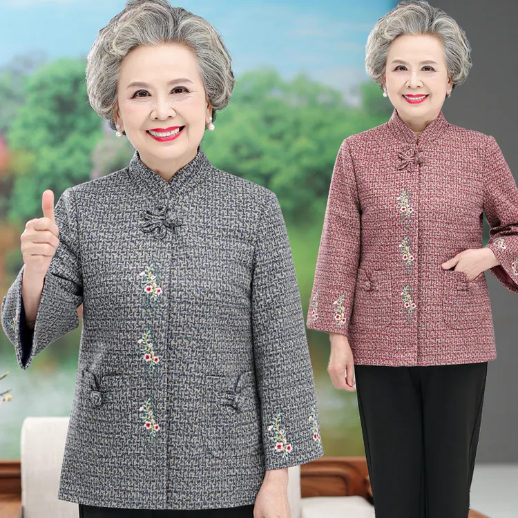 皮尔卡丹奶奶装春装毛呢外套中老年人上衣女妈妈外套盘扣70岁80老