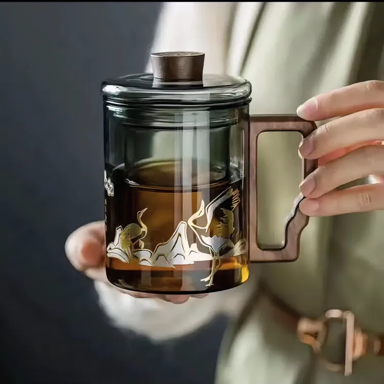 加厚耐热高硼硅玻璃杯大容量木把过滤茶杯茶水分离杯创意家用