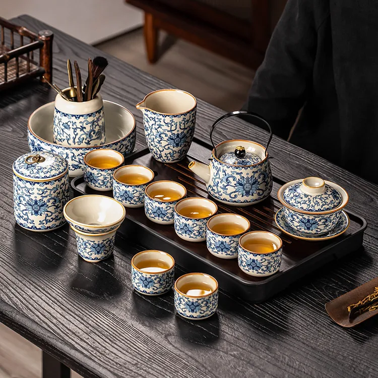 青花汝窑功夫茶具套装中式陶瓷泡茶壶家用轻奢高档泡茶杯2025新款