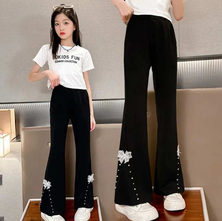 女童裤子夏季薄款2024新款儿童显瘦洋气弹力冰丝女大童黑色喇叭裤