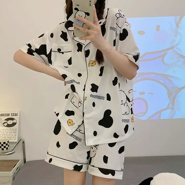 睡衣女夏季韩版短袖短裤宽松纯棉夏天休闲卡通小翻领家居服套装