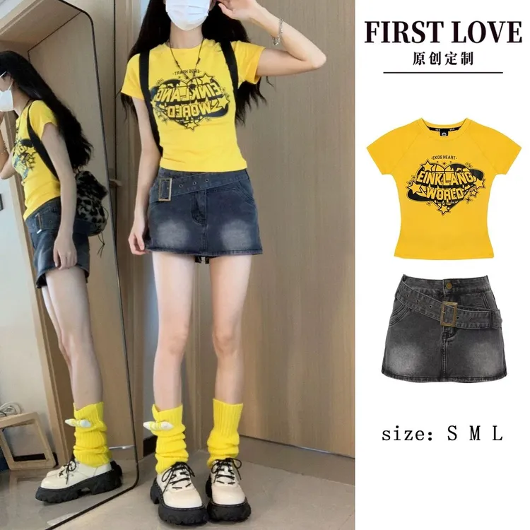 夏季小个子美式辣妹牛仔短裙夏季高腰显瘦腰带裙子复古做旧半身裙