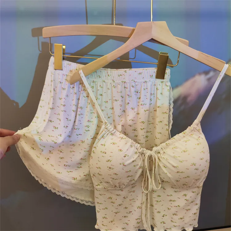 小碎花睡衣女夏季带胸垫莫代尔两件套蕾丝舒适时尚薄款甜美家居服