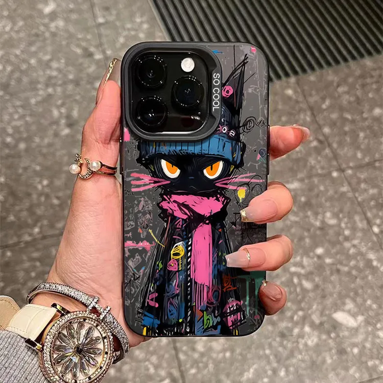 涂鸦黑猫iPhone15_14promax手机壳新款高级11苹果13_12软硅胶防摔