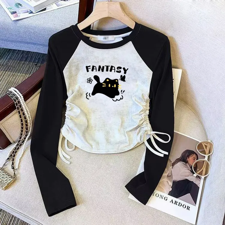 女童长袖T恤秋装插肩抽绳2025新款韩版洋气时髦内搭打底衫春秋