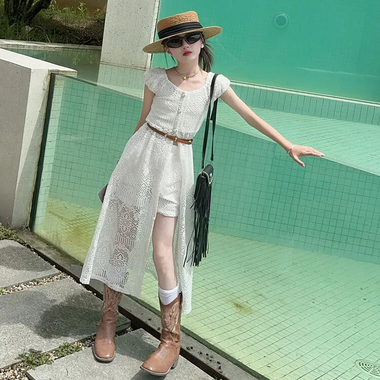 女童套装夏装薄女孩中大童法式蕾丝长款开衫连衣裙高腰短裤两件套
