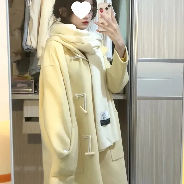 感黄色呢子大衣女时尚长款2024秋冬装连帽小个子牛角扣毛呢外套