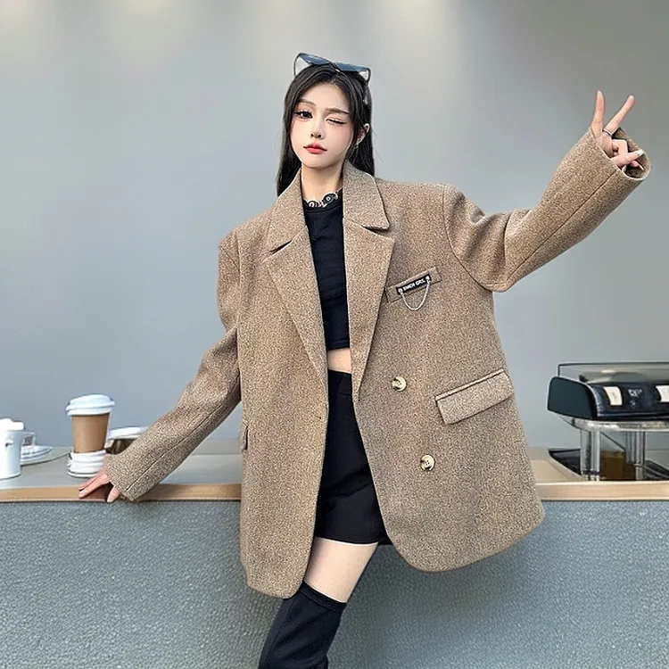 冬季洋气时尚呢子西装外套女宽松高级感加厚休闲毛呢大衣加棉西服