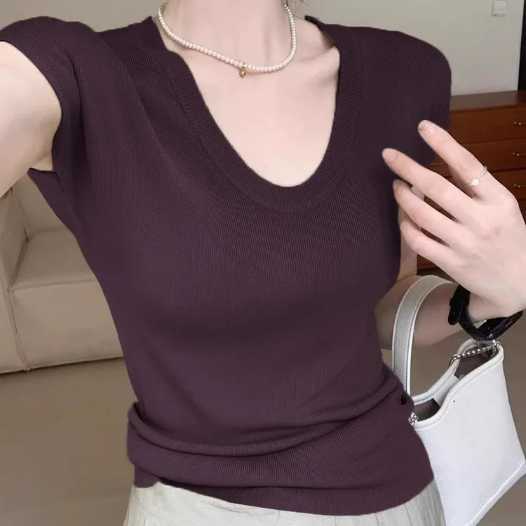 紫色U领针织冰丝T恤短袖女夏季高级感薄款修身显瘦小飞袖气质上衣