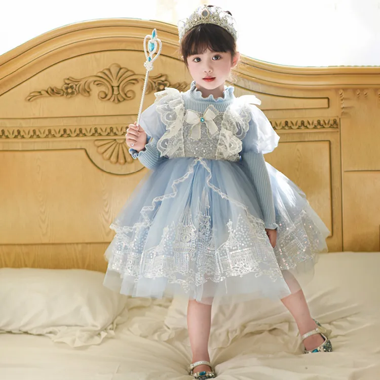女童秋冬新冰雪奇缘爱莎公主连衣裙女童洋气针织毛衣爱莎蓬蓬裙