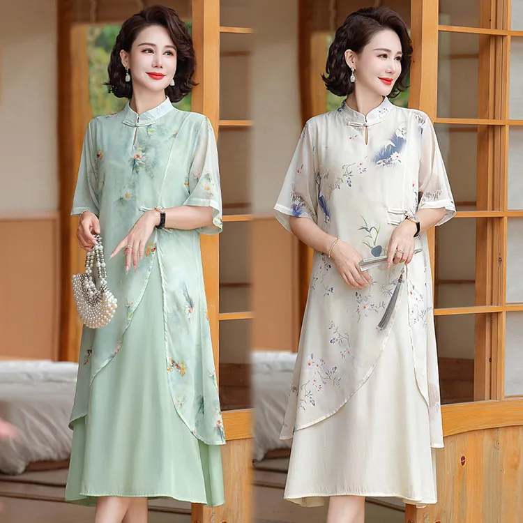 妈妈夏装新款连衣裙中老年女装夏季洋气假两件雪纺短袖裙子阔太太