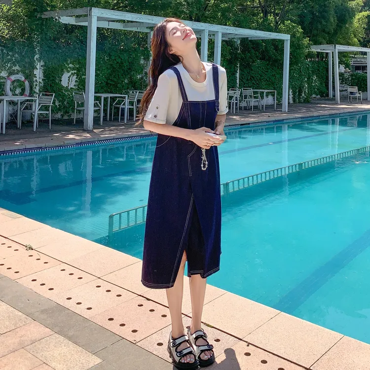 藏青色连衣裙夏宽松显瘦韩版时尚拼接撞色设计感中长款假两件裙子