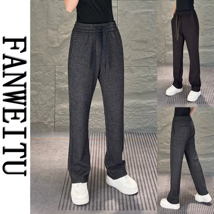 秋季新款男士羊毛混纺千格鸟直筒休闲裤常规款时尚百搭休闲裤6729