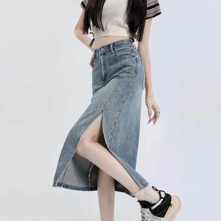 浅蓝侧开叉半身牛仔裙女夏天2025新款梨形显瘦遮跨百搭a字包臀裙