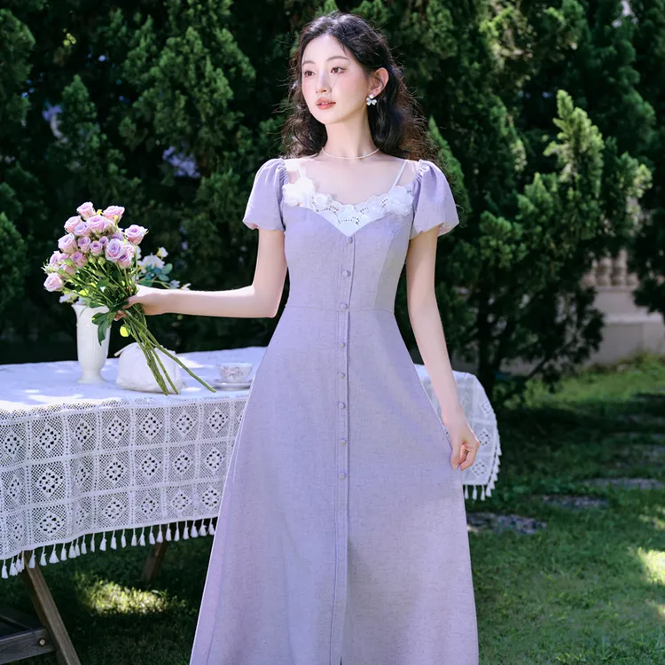 甜美夏天小裙子法式小众初恋蕾丝拼接紫色v领吊带显瘦紫色连衣裙