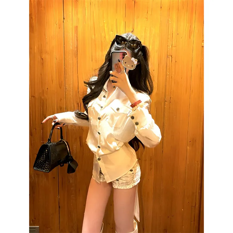 财阀千金女装翻领正肩高级感排扣长袖衬衫上衣高腰短裤修身热裤