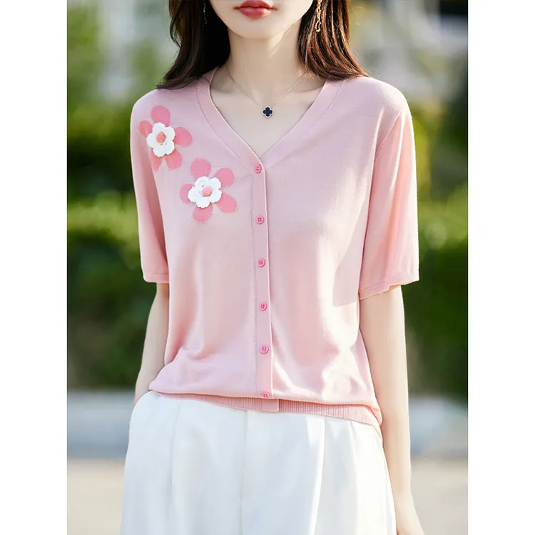雅致气质夏季短袖薄款天丝针织衫女士设计感刺绣花朵时尚开衫上衣