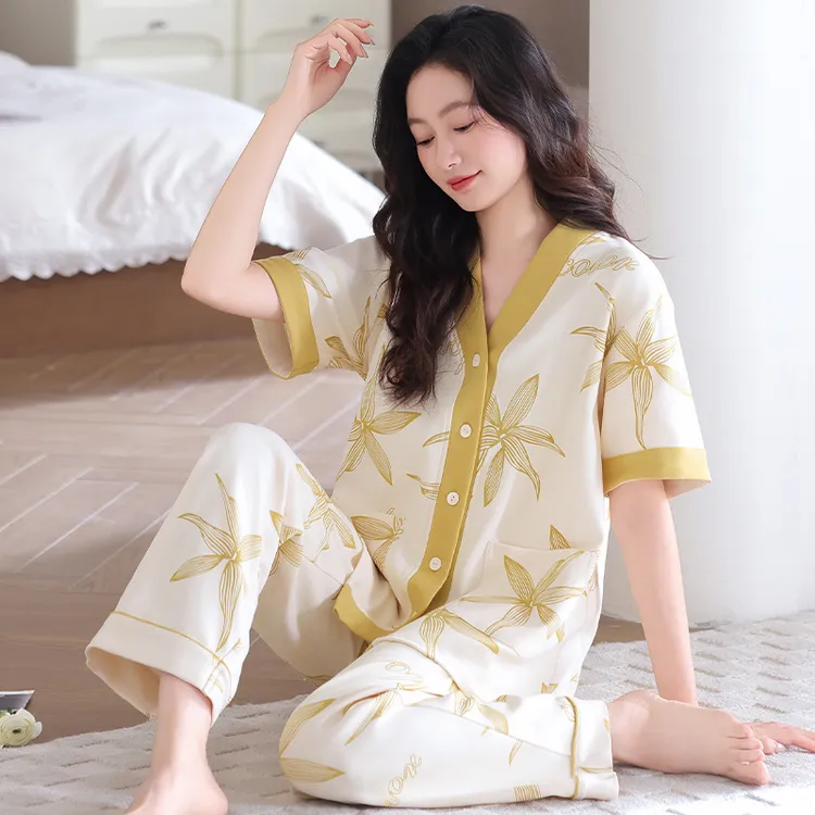 浪莎夏天纯棉睡衣女短袖长裤甜美薄款v领开衫大码全棉家居服套装