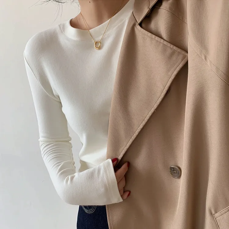 双面德绒打底衫女装内搭秋冬磨毛长袖T恤女韩版白色圆领上衣
