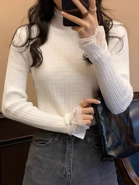 2025新款甜美高级感毛衣女秋冬软糯蕾丝边上衣内搭针织衫打底衫