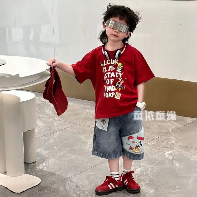 男童夏季新款韩版字母印花短袖卡通米奇五分裤套装潮酷