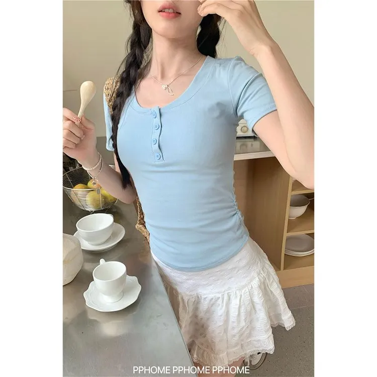 小众设计感U领正肩短袖T恤女2025夏季新款修身显瘦纯欲短款上衣潮