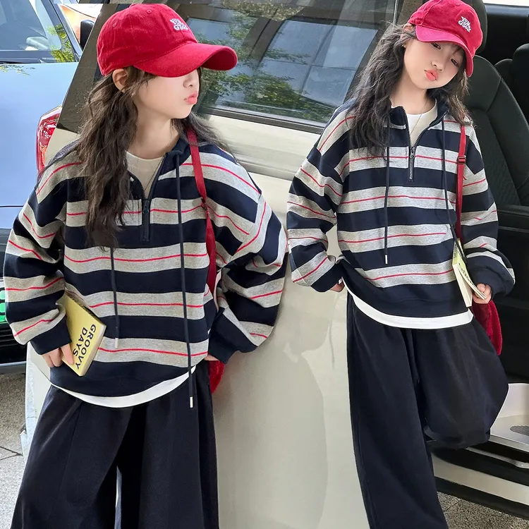 女童秋款套装6-12岁潮流洋气网红新款高级感条纹中大童卫衣8-15岁