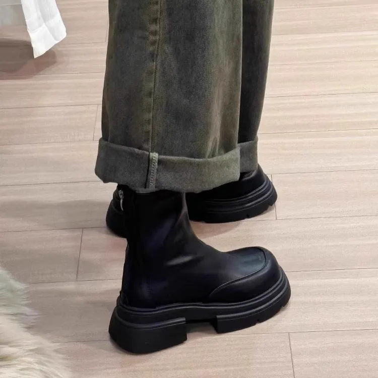 厚底黑色马丁靴女2025新款秋冬加绒英伦风切尔西瘦瘦靴方头短靴子