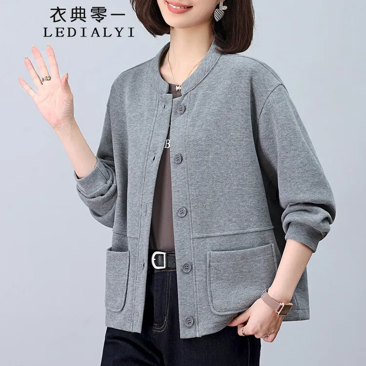 深灰色开衫卫衣外套女2025新款短款中老年妈妈春秋薄款纯色棒球服