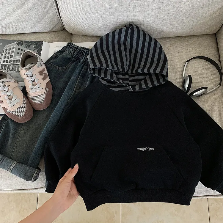 新款秋冬季儿童条纹加绒套装连帽卫衣男女童一体绒加厚保暖两件套